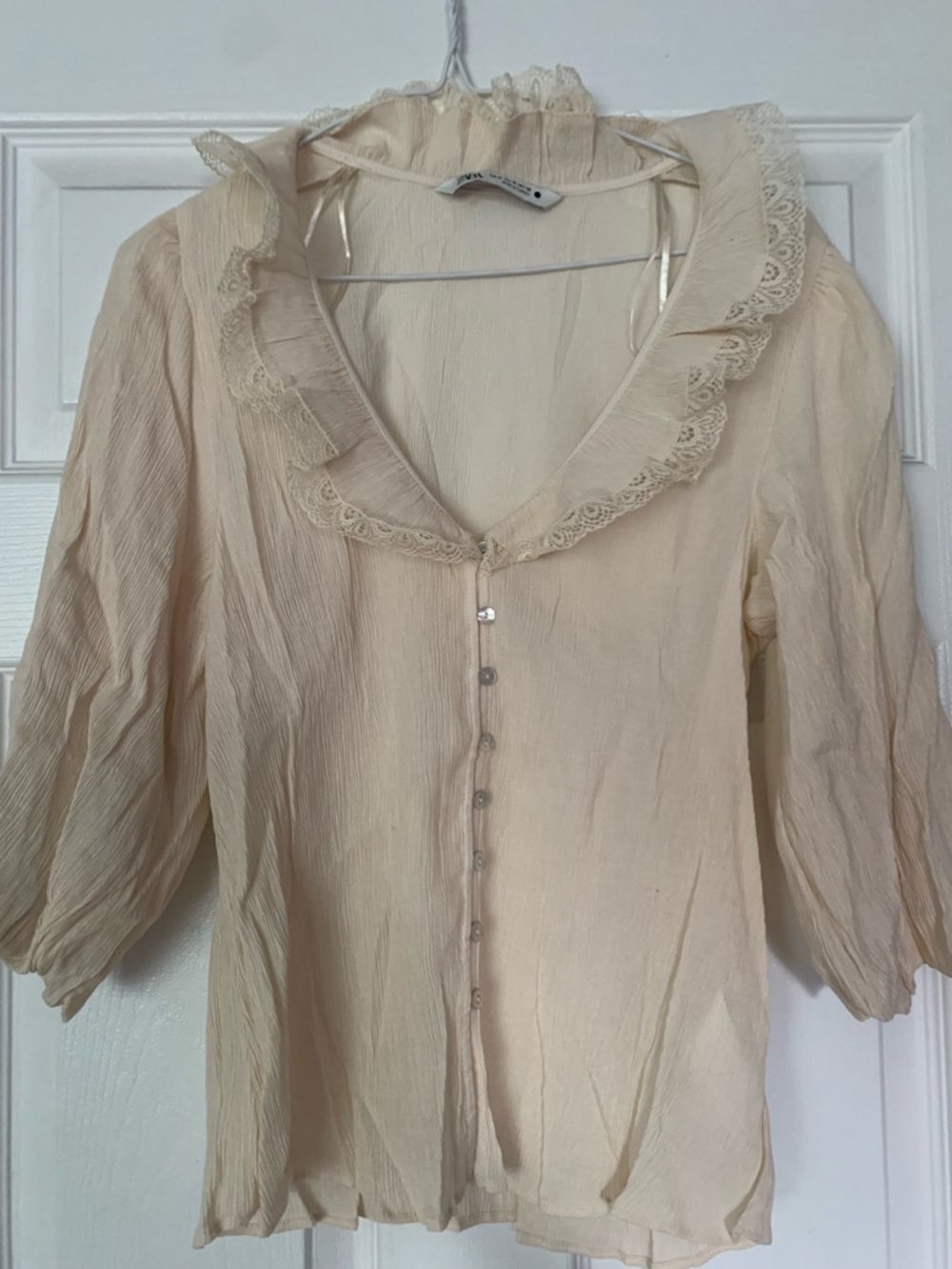 Zara Cream Ruffled Lace-Trim Button Blouse